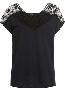 Футболка с отделкой из вязаного кружева на вырезе Bonprix