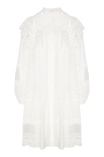Белое платье мини с горохом и кружевом Zimmermann