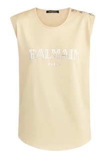 Бежевая майка с пуговицами и логотипом Balmain