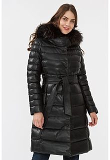 Утепленное кожаное пальто с отделкой мехом енота La Reine Blanche