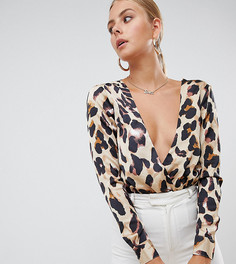Атласное боди с запахом и леопардовым принтом Missguided - Коричневый