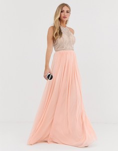 Декорированное платье макси с американской проймой и юбкой-трапецией Jovani - Розовый