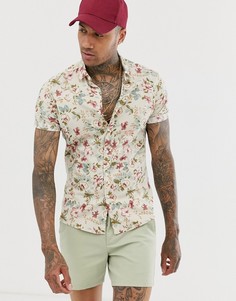 Светло-бежевая приталенная рубашка с цветочным принтом ASOS DESIGN - Белый