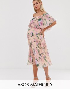Платье-бандо миди с двухслойной отделкой и плиссировкой ASOS DESIGN Maternity - Мульти