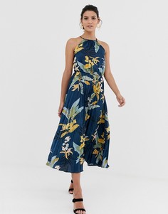 Платье миди с плиссированной юбкой и цветочным принтом Liquorish - Темно-синий