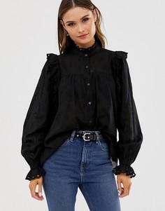 Блузка с вышивкой ришелье и оборками ASOS DESIGN - Черный