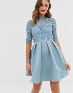 Короткое приталенное платье с рукавами 3/4 и кружевной отделкой Little Mistress - Синий