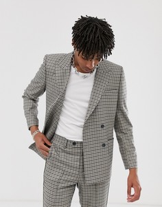 Светло-бежевый двубортный пиджак в ломаную клетку зеленого и синего цвета ASOS DESIGN - Светло-бежевый