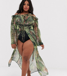 Пляжное кимоно с открытыми плечами и принтом ASOS DESIGN Curve glam