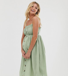 Льняной сарафан миди на бретельках и с пуговицами ASOS DESIGN Maternity - Зеленый
