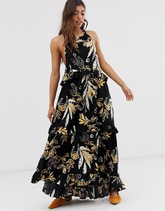 Платье макси с принтом листьев Free People - Черный
