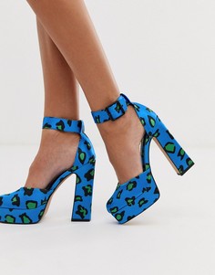 Ярко-синие туфли на высоком каблуке и платформе с квадратным носком и леопардовым принтом ASOS DESIGN Presta