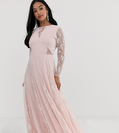 Платье макси с длинными рукавами и кружевными вставками ASOS DESIGN Petite - Розовый