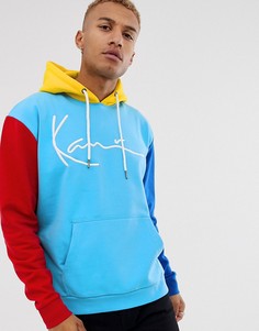 Худи синего цвета в стиле колор блок с вышитым логотипом Karl Kani Signature