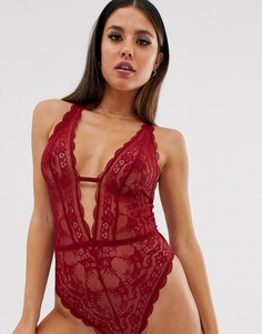 Кружевное боди с глубоким вырезом ASOS DESIGN - Красный