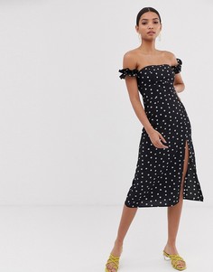 Платье миди с открытыми плечами, разрезом и цветочным принтом Fashion Union - Черный