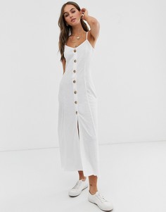 Свободное меланжевое платье макси на бретелях с пуговицами ASOS DESIGN - Белый