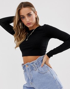 Черная суперкороткая футболка в рубчик с длинными рукавами ASOS DESIGN - Черный