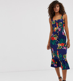Платье миди на пуговицах и с тропическим цветочным принтом Influence Tall - Синий