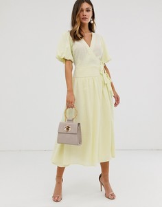 Приталенное платье миди с запахом и пышными рукавами ASOS DESIGN - Желтый