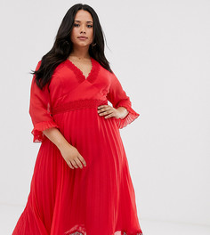 Платье миди с плиссировкой и кружевными вставками ASOS DESIGN Curve - Красный