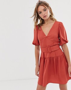 Чайное платье мини с поясом и пышными рукавами ASOS DESIGN - Красный