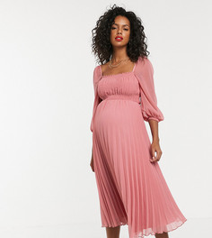 Присборенное платье миди с плиссировкой ASOS DESIGN Maternity - Розовый