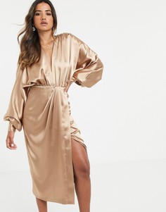 Атласное платье миди с глубоким вырезом ASOS EDITION - Золотой