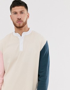 Свободный лонгслив с контрастными рукавами и воротом на пуговицах ASOS DESIGN - Бежевый