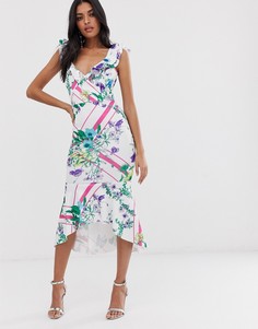 Облегающее платье миди с цветочным принтом и оборками ASOS DESIGN - Мульти