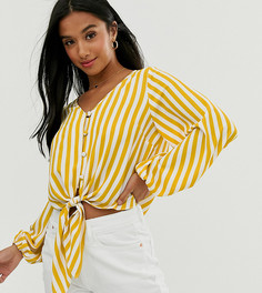 Топ в полоску на пуговицах с длинными рукавами и завязкой ASOS DESIGN Petite - Мульти
