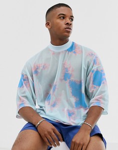 Выбеленная сетчатая oversize-футболка с принтом тай-дай и высоким воротом ASOS DESIGN - Синий