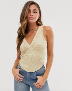 Трикотажный топ с V-образным вырезом и отделкой ASOS DESIGN - Светло-бежевый