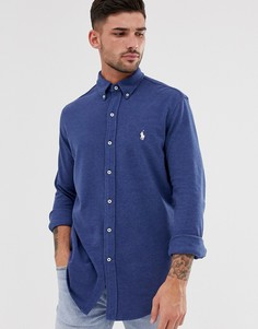 Синяя меланжевая рубашка зауженного кроя из ткани пике Polo Ralph Lauren - Синий