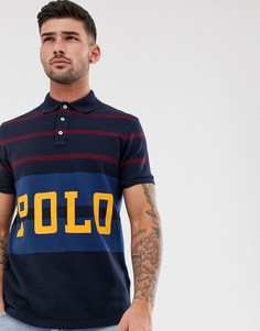 Темно-синяя футболка-поло из пике с разноцветными полосками и большим логотипом Polo Ralph Lauren - Темно-синий