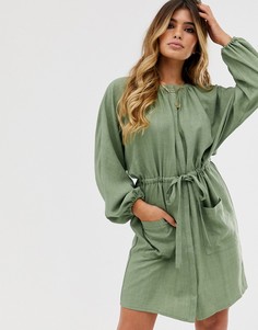 Платье-рубашка мини в стиле милитари со шнурком на талии ASOS DESIGN - Зеленый