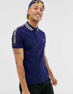 Темно-синее поло из пике с отделкой на воротнике и логотипом Polo Ralph Lauren - Темно-синий