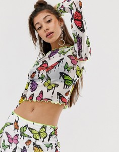 Сетчатый кроп-топ с принтом бабочек и контрастной окантовкой Jaded London - Белый