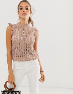 Бежевый трикотажный топ с оборками на рукавах River Island - Бежевый