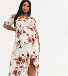 Бежевое платье макси с открытыми плечами и цветочным принтом boohoo Plus - Мульти