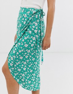 Зеленая юбка миди с цветочным принтом, запахом и завязкой сбоку ASOS DESIGN - Мульти