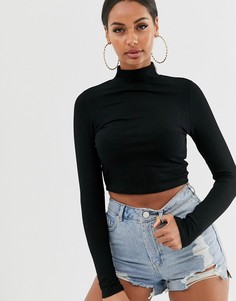 Черный кроп-топ в рубчик с длинными рукавами и высоким воротом ASOS DESIGN - Черный