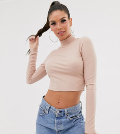 Светло-коричневый кроп-топ в рубчик с высоким воротом и длинными рукавами ASOS DESIGN Tall - Коричневый
