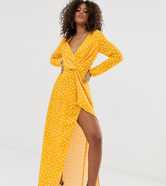 Желтое атласное платье в горошек с запахом и разрезом Missguided Tall - Желтый