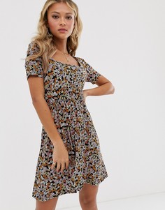 Чайное платье с квадратным вырезом и цветочным принтом Miss Selfridge - Оранжевый