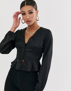 Черная атласная блузка на пуговицах с баской Missguided - Черный