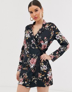 Атласное платье-рубашка с запахом и цветочным принтом Missguided - Черный