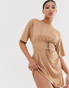 Бежевое платье-футболка с корсетной отделкой Missguided - Бежевый