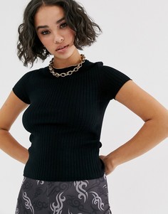 Черный топ в рубчик с короткими рукавами Bershka - Черный