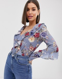Голубой боди с глубоким вырезом и цветочным принтом Missguided - Белый